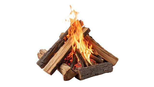 Cozy burning wood log campfire bonfire structure isolated on transparent background