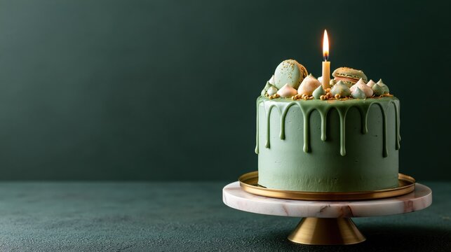 The Green Drip Cake on Marble Stand with Candles, Macarons, and Frosting