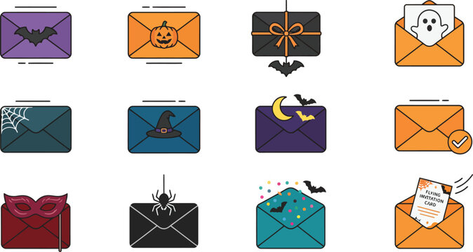 Halloween Party Invitation Envelope Vector Icon Set with Spooky Mail, Ghost, Pumpkin, and Bat Details
