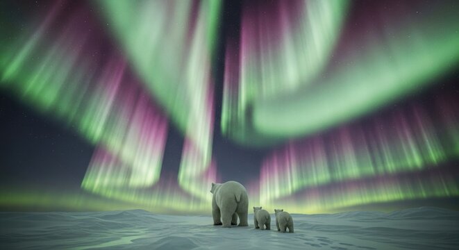 polar bears walking on icy landscape under vibrant northern lights, dramatic aurora sky, cold arctic environment, wildlife scene with majestic natural atmosphere