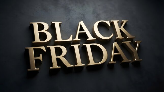 Elegant golden metallic letters spelling black friday on a dark textured background for seasonal marketing
