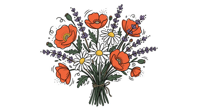 Rustic bouquet of red poppies and lavender with white daisies tied with a piece of string