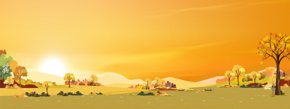 Autumn Landscape, Sunset With Golden Sky, Fall Trees, Grass Field, Rural Mountains,Colorful Cartoon Vector Illustration Of Nature,Countryside Meadow,Harvest Panoramic Seasonal,Thanksgiving Background.