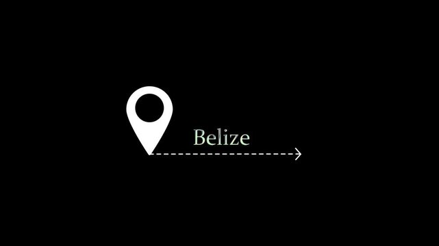 Gps location pin animation traveling to belize on minimalist black map background, seamless loop gps, pin animation