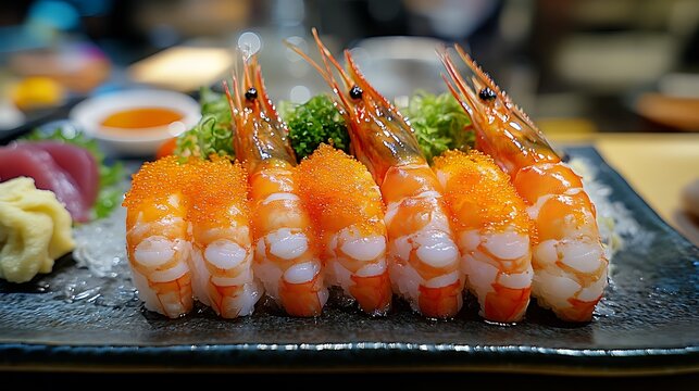 Fresh Japanese Ebi Shrimp Sushi Nigiri Platter.