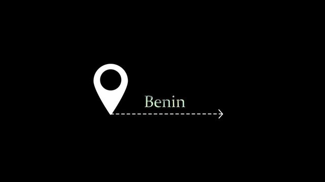 Location pin travel animation benin map navigation, gps route motion, minimalist destination marker location pin animation