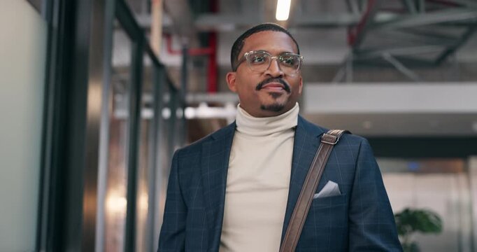 Smile, man and walking with bag in office for work arrival, start internship and punctual morning. Intern, african person and company entrance for professional development, career path or opportunity