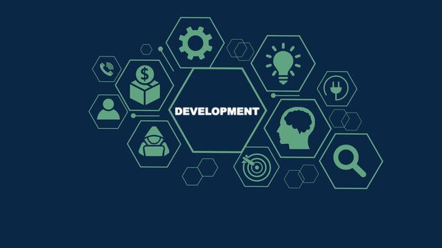 Development concept with interconnected icons and central text on dark blue background growth progress