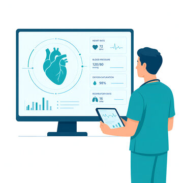 Healthcare professional monitoring vital signs dashboard and mobile device with heart metrics with depicts medical professional observing digital health metrics large screen tablet