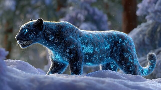 Mystical Snow Leopard: An ethereal snow leopard with glowing blue patterns walks through a frosty winter landscape, its eyes gleaming with an otherworldly light.