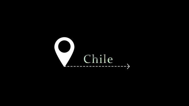 Travel route animation gps pin moving to chile on minimalist black map background, gps navigation animated, map pin