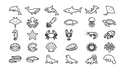 Minimalist sea life icon set, 30 linear ocean animal vector illustrations, black outline marine creature symbols for educational infographics and web design © Bilal