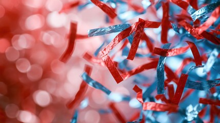 Obraz premium The Red and Blue Metallic Ribbon Streamers in Festive Confetti Burst