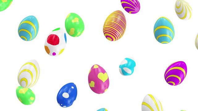 Colorful decorated Easter eggs drift and float across changing bright backgrounds in a festive seamless loop, with a black and white egg silhouette transition, 3D animation