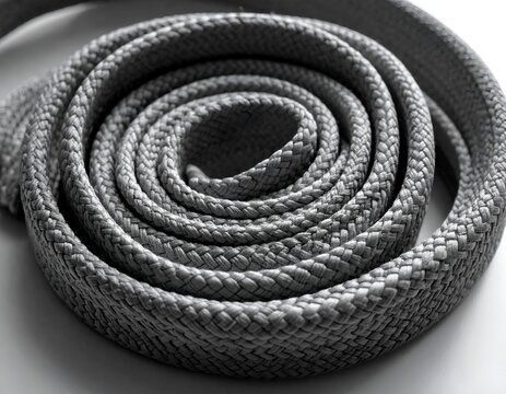 Close-up of a coiled grey shoelace forming a circular spiral pattern
