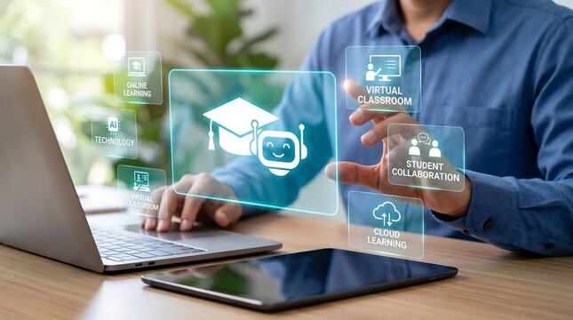 Businessman using laptop with AI education interface for online learning virtual classroom and student collaboration