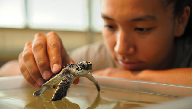Young Asian girl observing baby turtle in water tank at rehabilitation center  