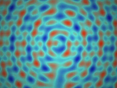 Abstract blurred pattern of concentric red and blue blobs on cyan background