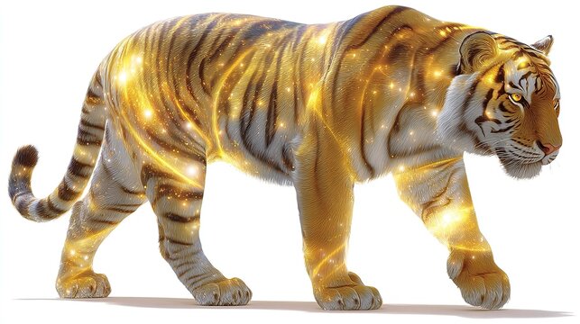 Majestic Tiger Aura: A powerful tiger walks with a glowing golden aura, symbolizing strength and divine energy. Its striped fur is highlighted by shimmering light.