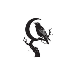 Fototapeta premium Black and White Vector Illustration of a Crow on a Dead Tree Branch under Crescent Moon
