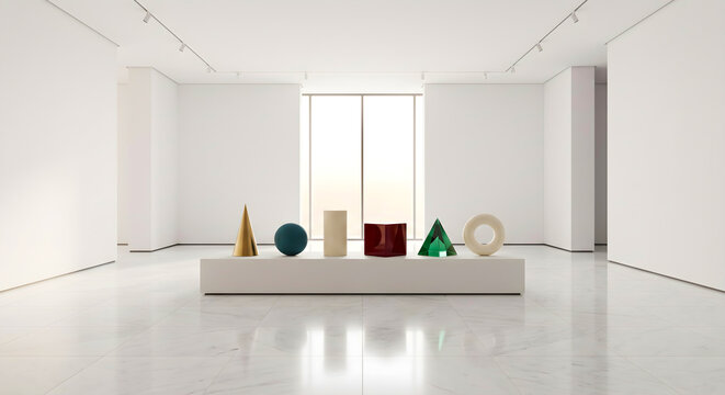 Elegant 3D geometric shapes on display in minimalist white gallery