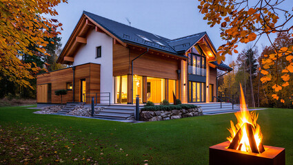 Obraz premium Modern luxury house at dusk with outdoor fireplace real estate fireplace exterior architecture