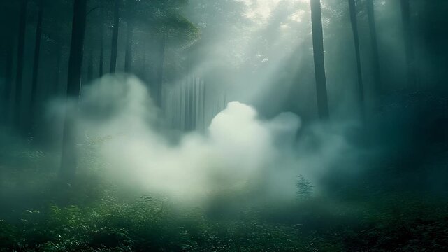 Misty Forest Rays Through Foggy Pines At Dawn.

