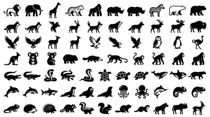 Fototapeta premium Large collection of black wild and marine animal silhouette icons on a white background