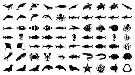 Fototapeta premium Set of black silhouettes of sea animals and marine creatures on white background