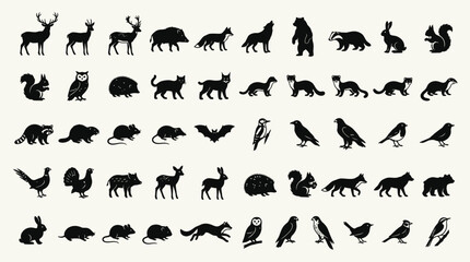 Fototapeta premium Forest Wild Animals Silhouettes Set Wildlife Mammals Birds Icons Fauna Graphic Elements