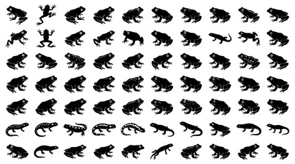 Fototapeta premium Collection of Various Silhouette Frog and Lizard Species for Wildlife Nature Designs