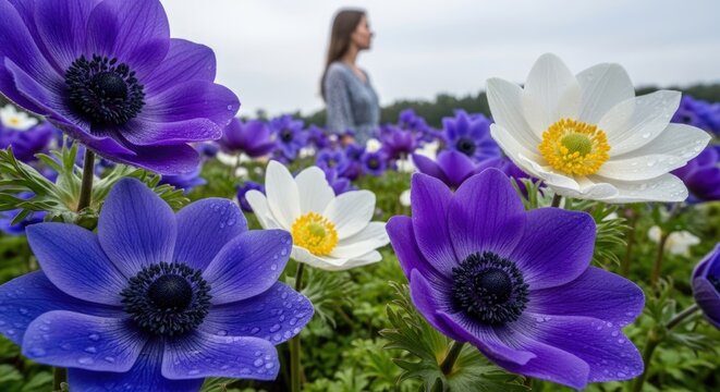  Purple and white anemone flowers blooming in a vibrant garden with a softly blurred person in the background, highlighting spring beauty and natural elegance