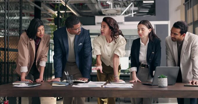 Meeting, team and business people with paperwork, planning and ideas for marketing strategy. Office, startup and workers with research, documents and graphs for sales report, advertising and project