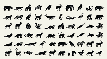 Fototapeta premium A comprehensive collection of diverse animal silhouettes, showcasing a wide range of species from mammals and birds to reptiles and marine life, ideal for educational and design purposes