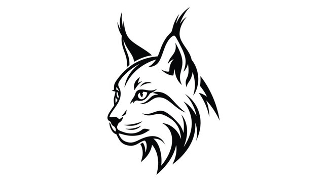 A stylized black and white graphic illustration featuring the sharp detailed profile of a wild lynx cat head design