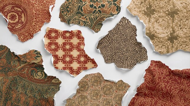 Torn Paper Collage of Vintage Damask and Art Nouveau Wallpaper Patterns in Red Green and Brown Tones