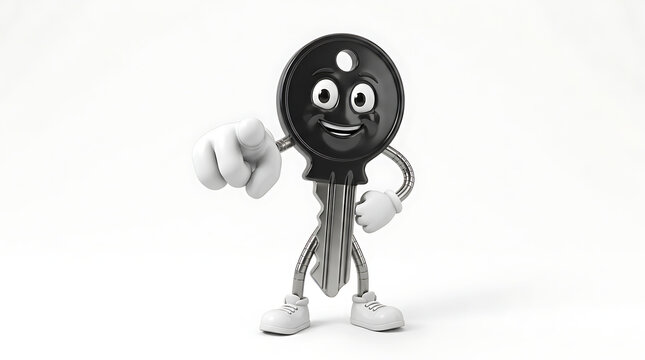 Cute cartoon key mascot character pointing finger forward on white background