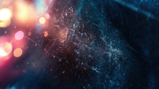 Close-up of dark, glossy surface with scattered silver specks and blurred red, blue, and gold bokeh lights