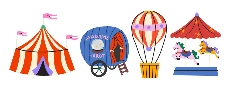 Circus and amusement park element set, big top tent, hot air balloon, carousel and fortune teller wagon vector illustration