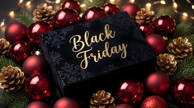 Black friday sale gift box surrounded by festive red ornaments and golden pine cone decorations