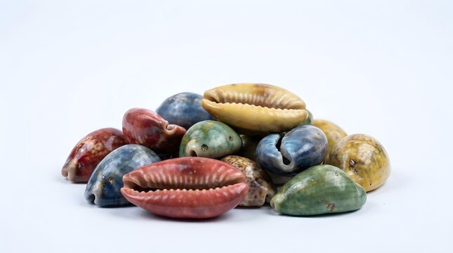Colorful Congklak shells heap in macro detail traditional game pieces on white background