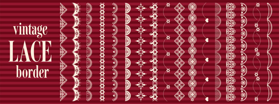 Vintage lace border trim with scallop line pattern and vector brush frame. Decorative edge featuring floral ribbon crochet fabric frill heart cute seamless paper ornament with handcrafted vintage styl
