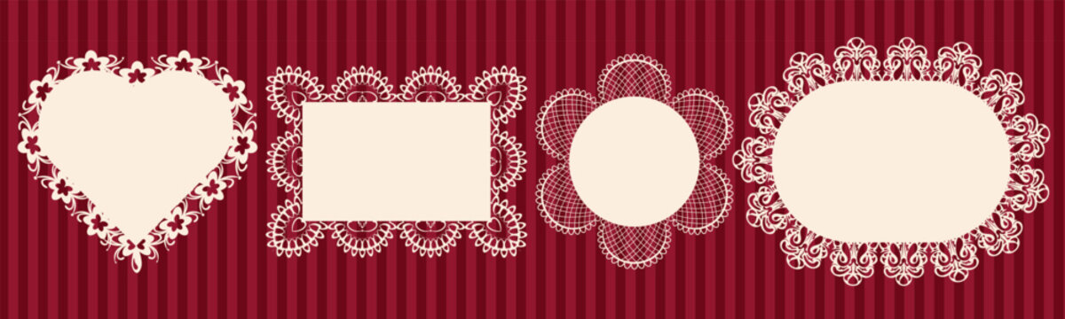 Cute vintage lace frame with oval border rectangle heart and scallop doily circle pattern. Vector decorative floral ornament featuring white paper ribbon antique wavy edge and shape design.