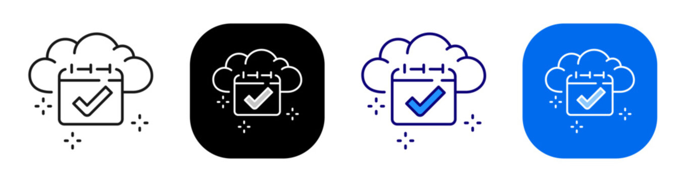 Cloud calendar check representing online event approval and schedule service. Line, filled, black, color set. Editable stroke