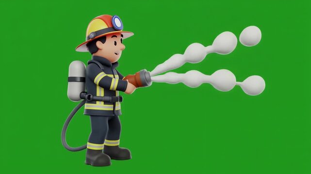 Playful Toy Firefighter Demonstration with Water Spray on Green Screen.
