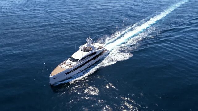 Aerial view of an ultra modern luxury yacht cruising over calm ocean with speed
