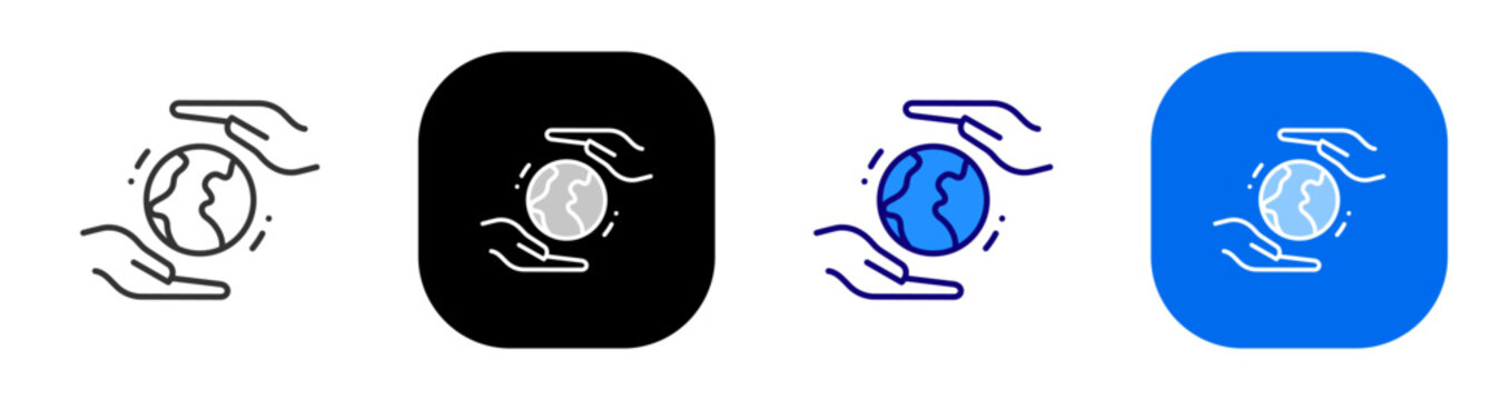 Hands holding earth for global care sustainability protection and planet support. Line, filled, black, color set. Editable stroke