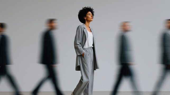 A confident woman stands firm amid blurred shadow figures, symbolizing leadership and resilience. Cinematic lighting and minimal background highlight inner strength and focus.