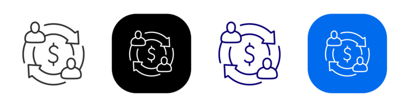 Users with dollar and circular arrows for payment exchange and finance cycle. Line, filled, black, color set. Editable stroke