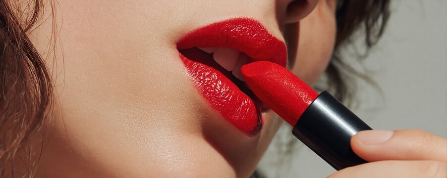 A bold red lipstick is applied to detailed, glossy lips on flawless skin. This high-end cosmetic shot highlights beauty and the premium makeup advertising aesthetic.
